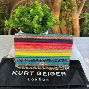 KURT GEIGER LONDON PARTY CLUTCH BAG new with dust bag rainbow paneled pe…
